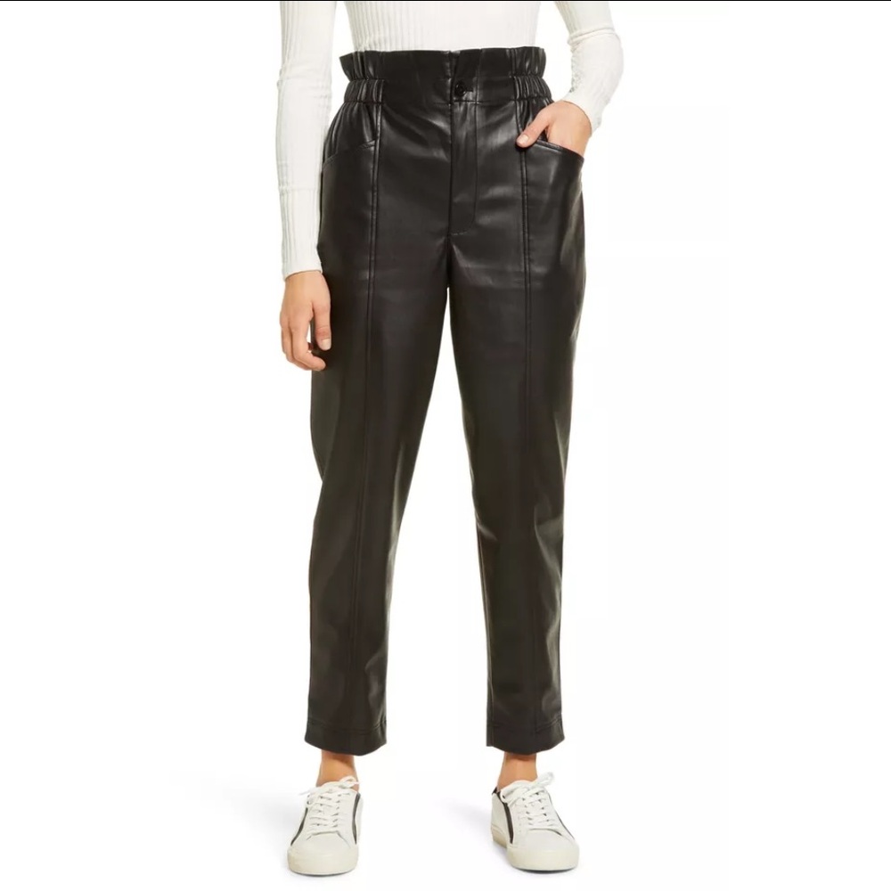 Ophelia Roe Black High Waist Faux Leather Paper Bag Elastic Waist Cropped Pants